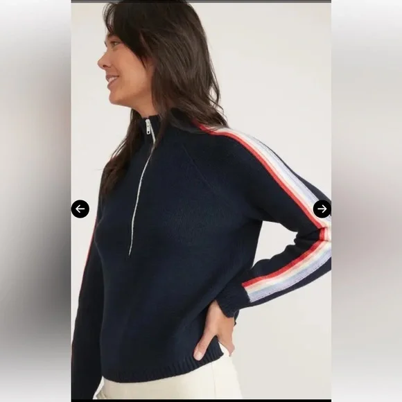Marine Layer Archive Invierno Quarter Zip Cotton/Wool Navy Stripe Sweater, XS